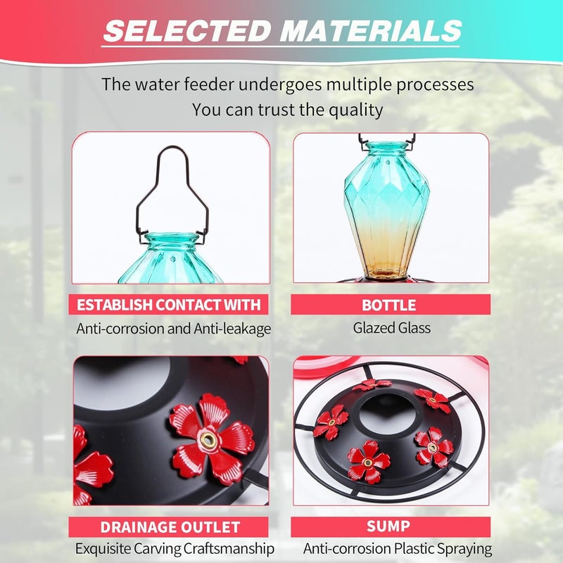 MCHBF Glass Hummingbird Feeder for Outdoors Hanging, 25Oz Humming Bird Nectar Feeder, Perch, 5 Flower Feeding Ports, Leak Proof Base, Hook for Outside Garden Backyard, Gift for Women, Diamond Green - Image 3